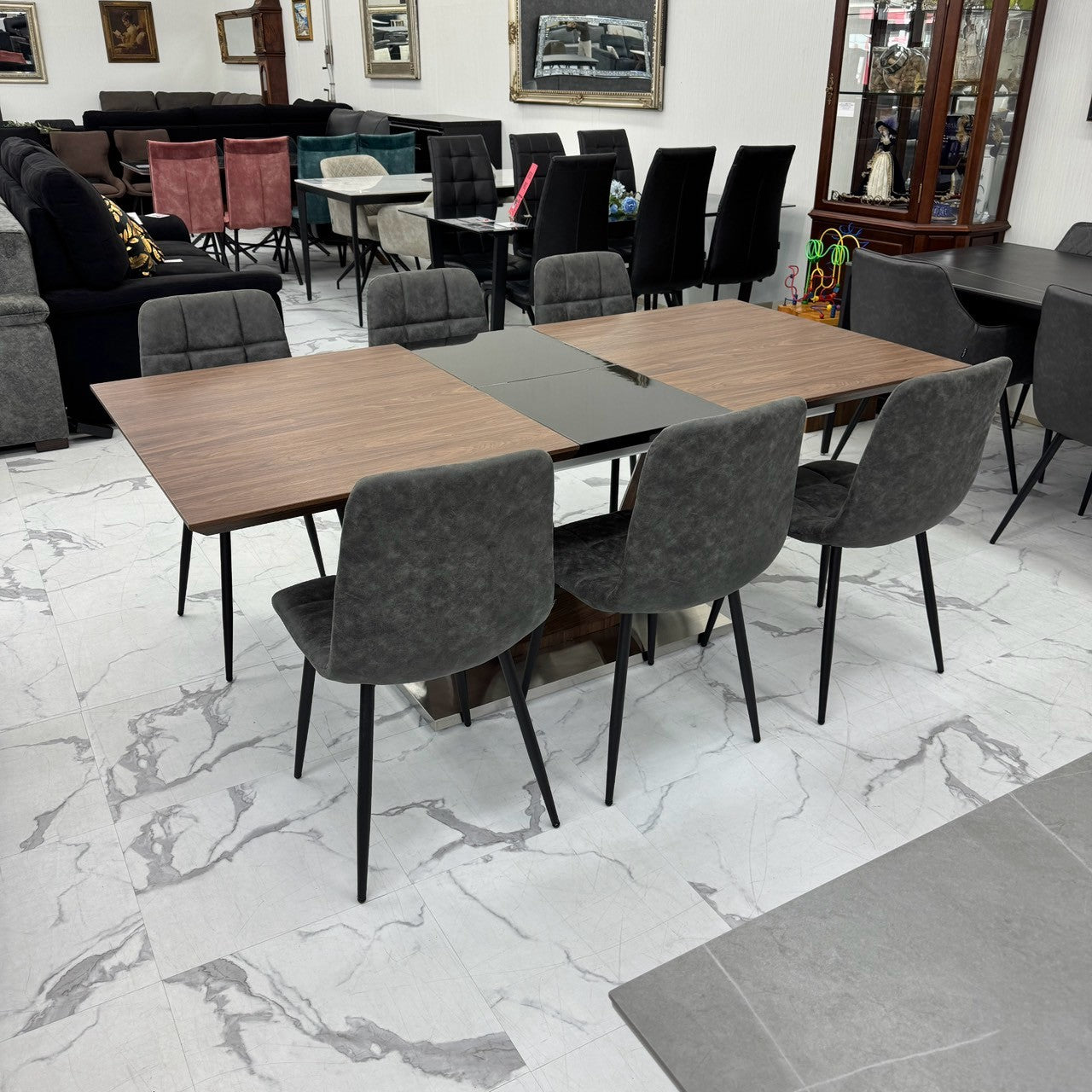 伸長式ダイニングテーブルセット6人掛け (Milano BR、PerlaⅡ)