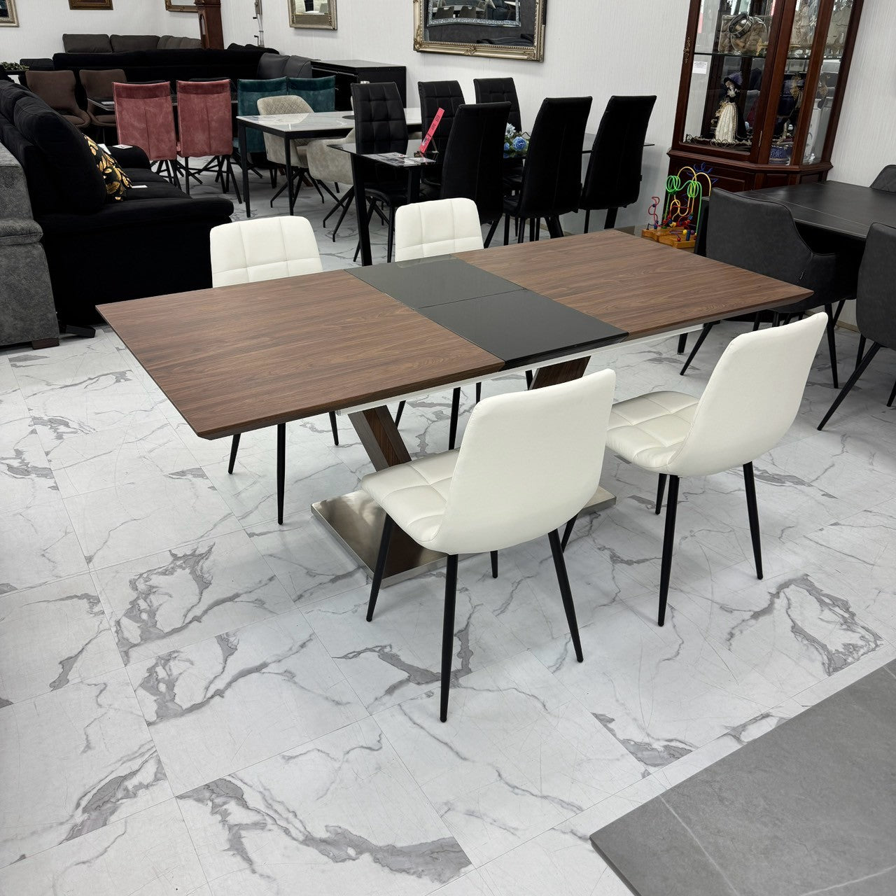 伸長式ダイニングテーブルセット4人掛け (Milano BR、PerlaⅡ)