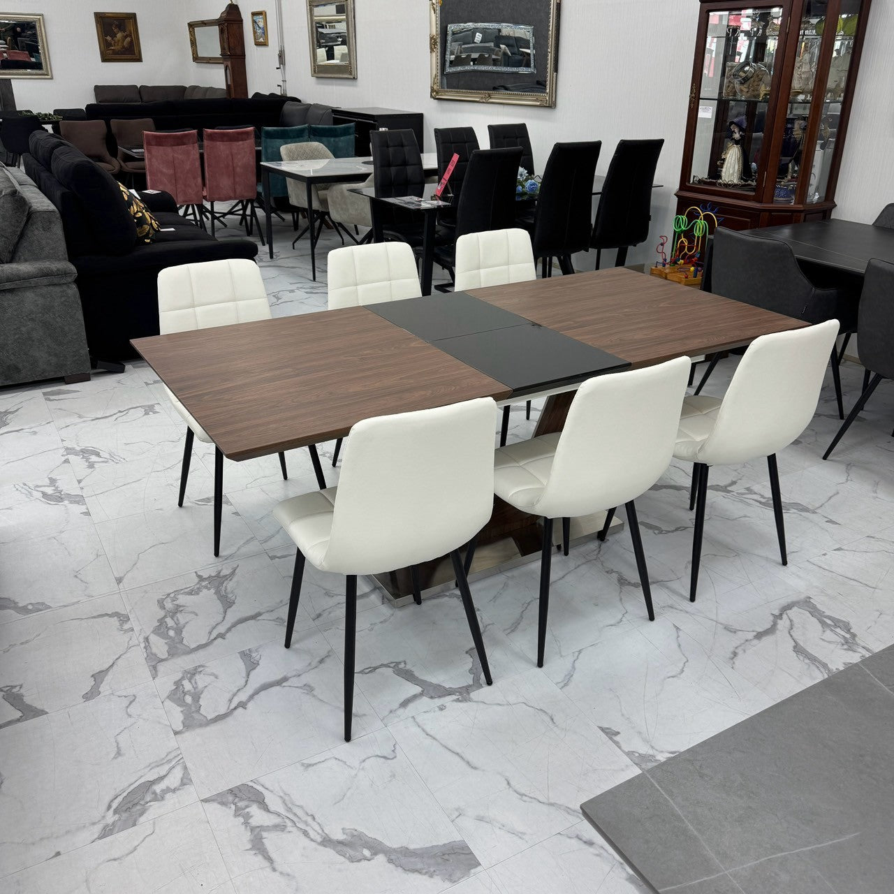 伸長式ダイニングテーブルセット6人掛け (Milano BR、PerlaⅡ)