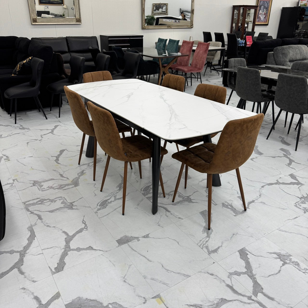 伸長式ダイニングテーブルセット6人掛け (Milano2 WH、PerlaⅡ)