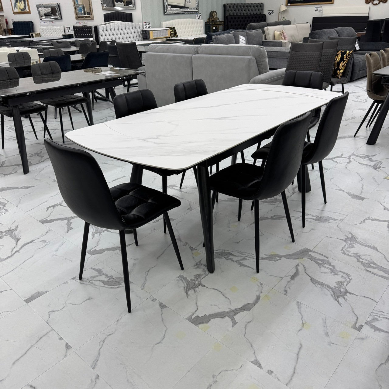 伸長式ダイニングテーブルセット6人掛け (Milano2 WH、PerlaⅡ)