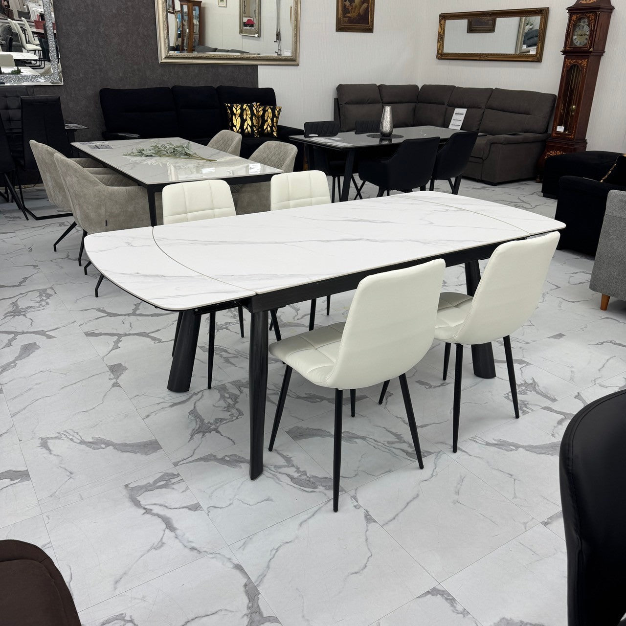 伸長式ダイニングテーブルセット4人掛け (Milano2 WH、PerlaⅡ)