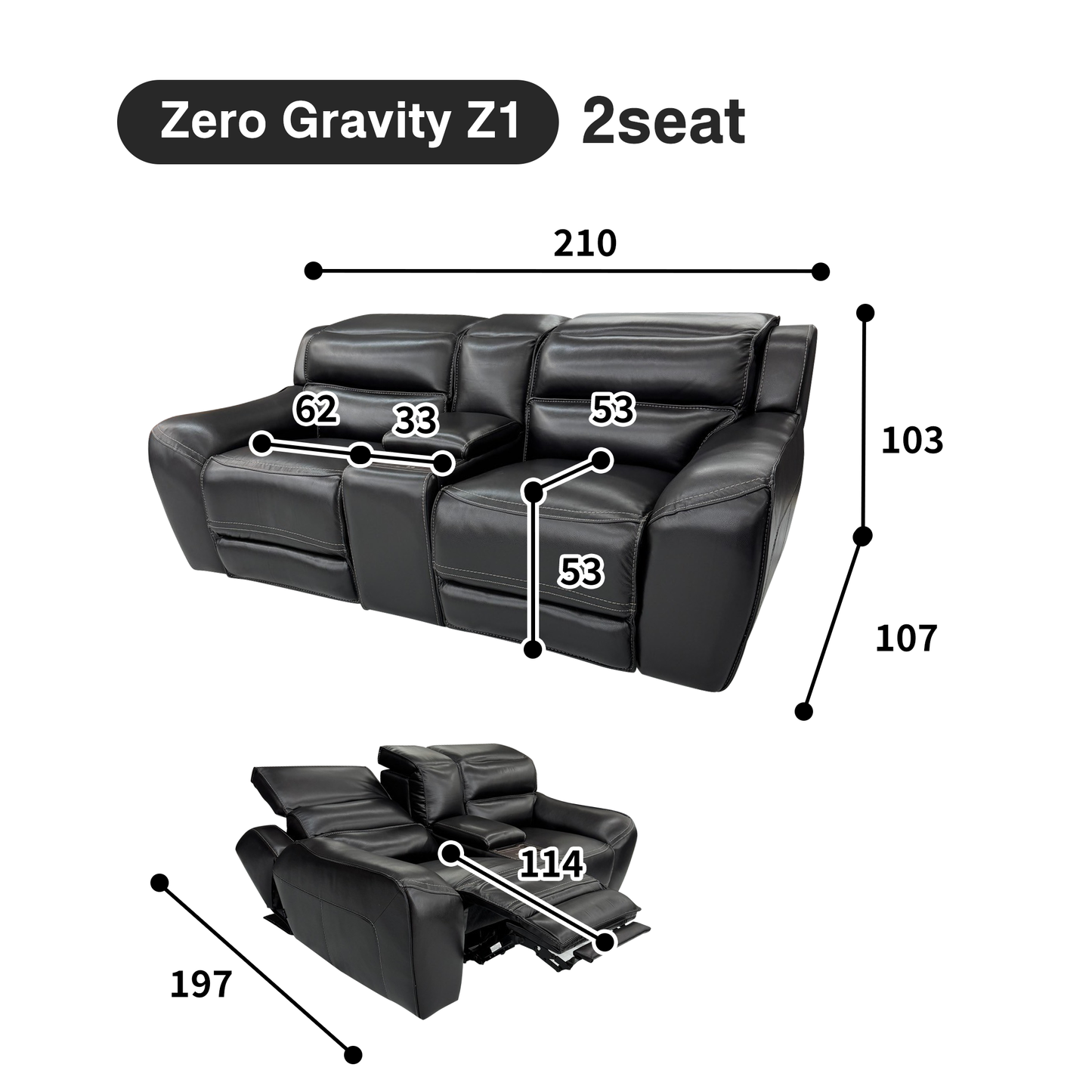 Genuine leather electric reclining sofa Zero Gravity Z1 2seat